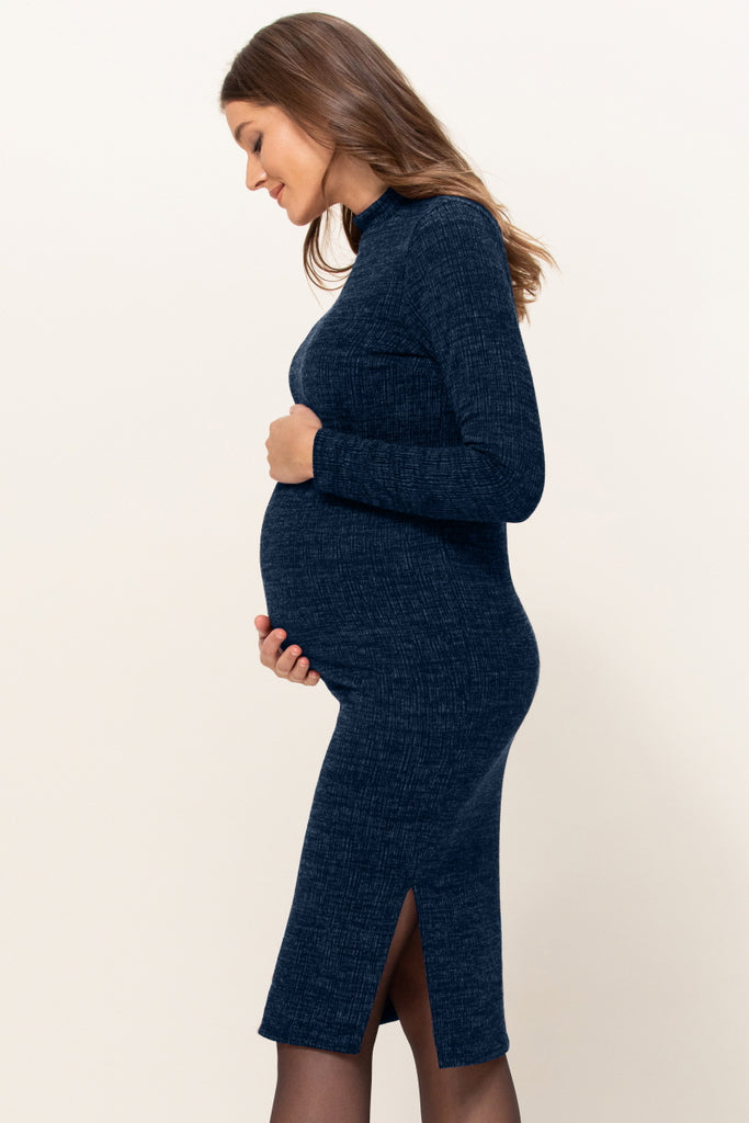 Navy Textured Sweater Knit Side Slit Maternity Bodycon Dress