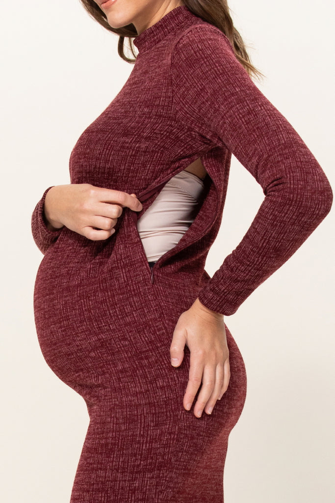 Burgundy Textured Sweater Knit Side Slit Maternity Bodycon Dress