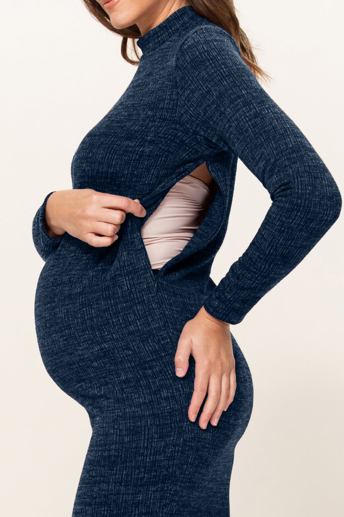 Navy Textured Sweater Knit Side Slit Maternity Bodycon Dress