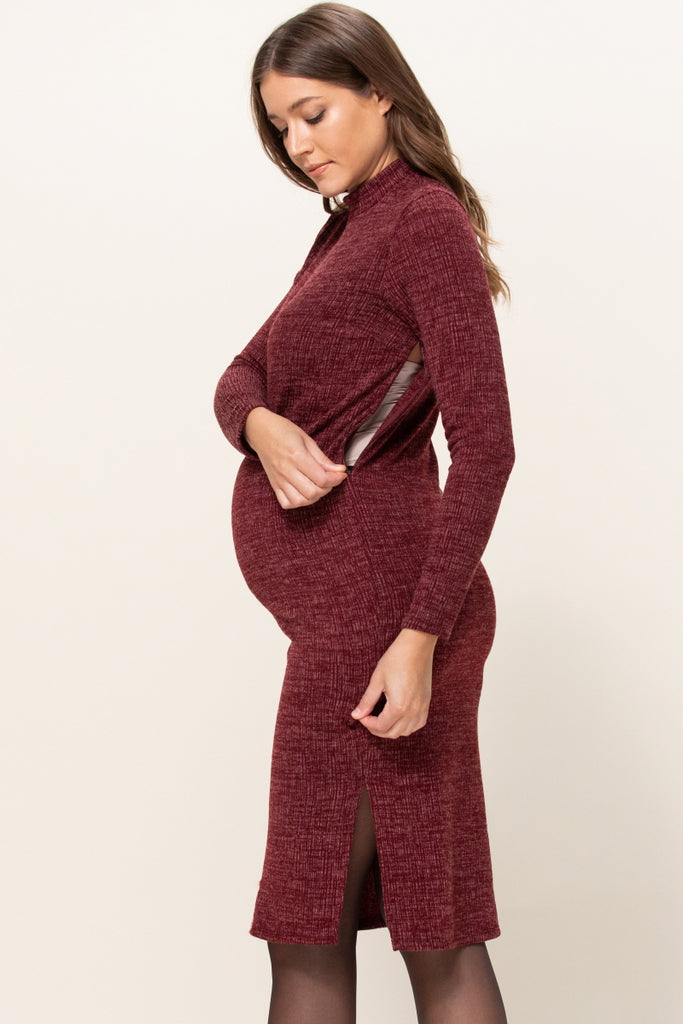 Burgundy Textured Sweater Knit Side Slit Maternity Bodycon Dress