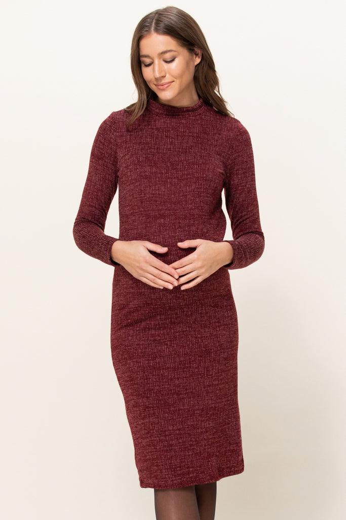Burgundy Textured Sweater Knit Side Slit Maternity Bodycon Dress
