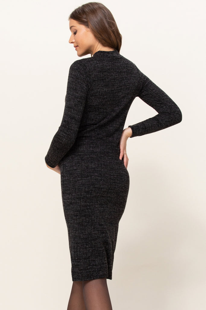 Black Textured Sweater Knit Side Slit Maternity Bodycon Dress