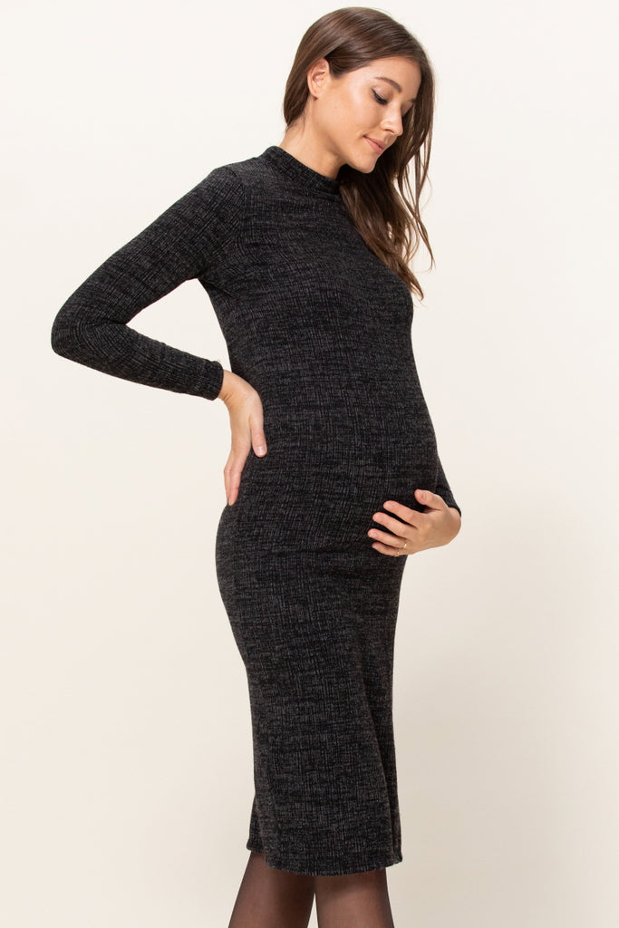 Black Textured Sweater Knit Side Slit Maternity Bodycon Dress