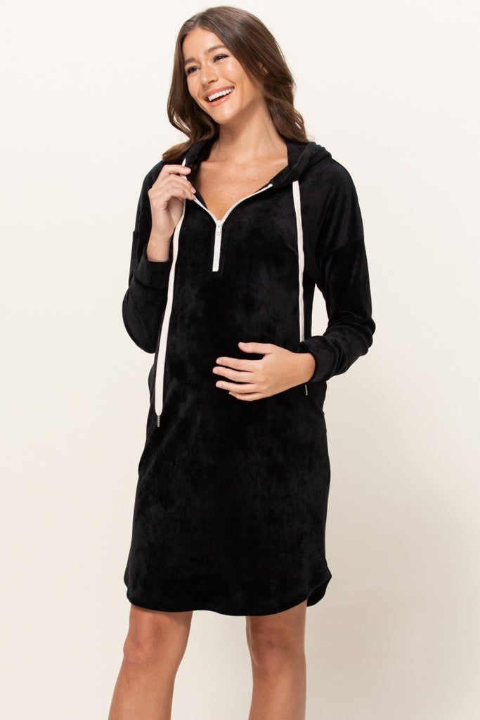 Black Super Soft Stretch Velour Maternity/Nursing Front Zip Hoodie Dress w/Side Pockets