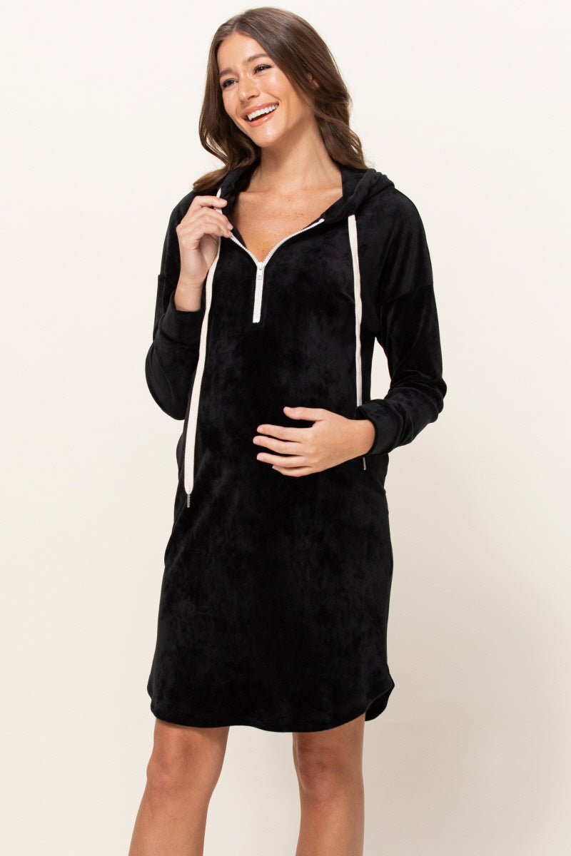 Super Soft Stretch Velour Maternity Nursing Front Zip Hoodie Dress