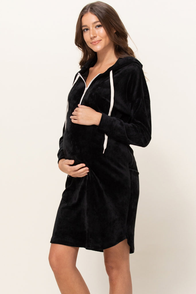 Black Super Soft Stretch Velour Maternity/Nursing Front Zip Hoodie Dress w/Side Pockets