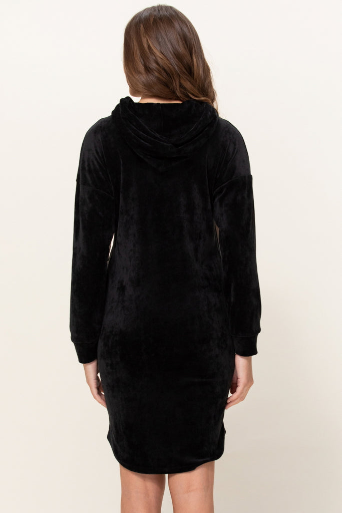 Black Super Soft Stretch Velour Maternity/Nursing Front Zip Hoodie Dress w/Side Pockets