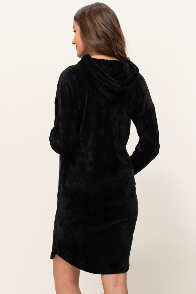 Black Super Soft Stretch Velour Maternity/Nursing Front Zip Hoodie Dress w/Side Pockets