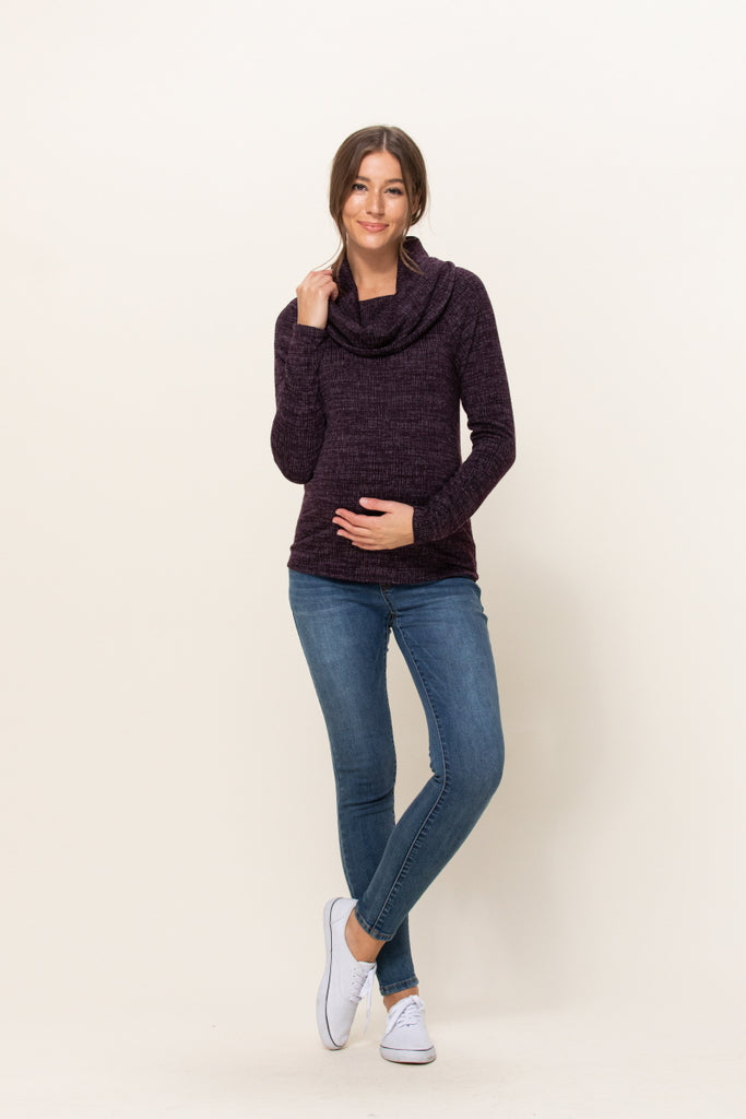 Purple Cowl Neck Sweater Knit Maternity Top