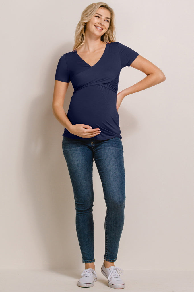 Navy V-Neck Wrap Maternity/Nursing Top