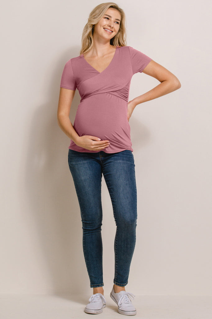 Mauve V-Neck Wrap Maternity/Nursing Top