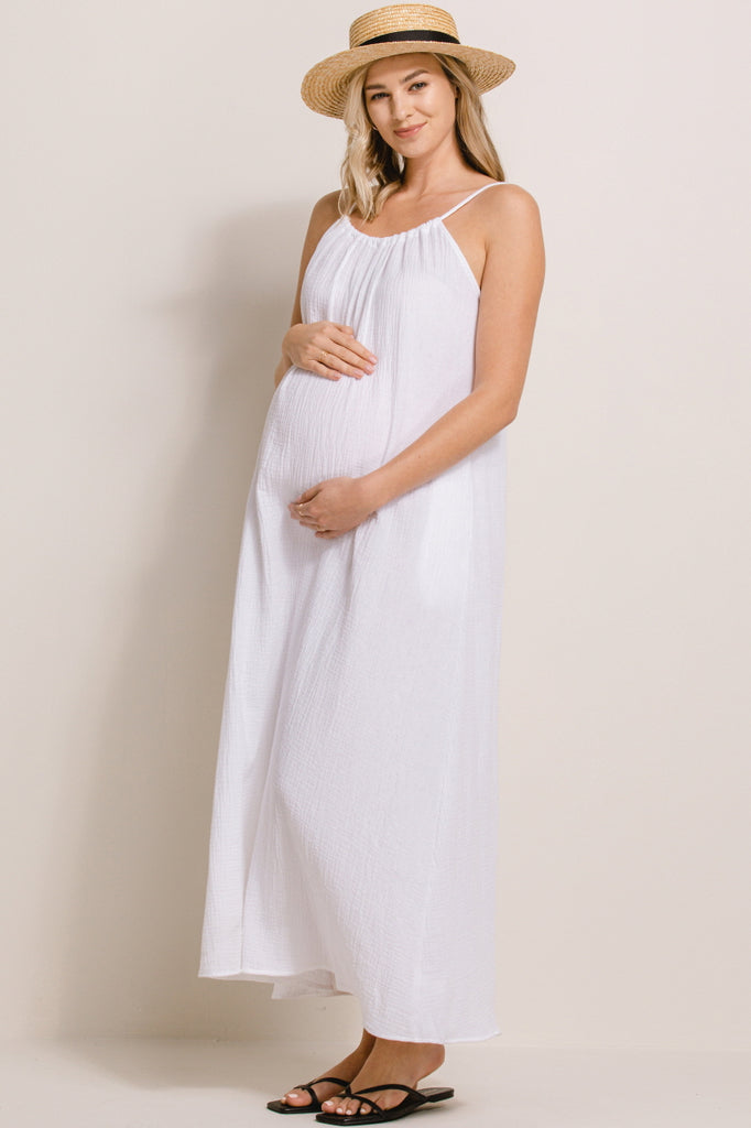 White Tunnel Strap Pocket Maternity Maxi Dress