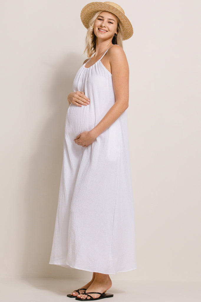 White Tunnel Strap Pocket Maternity Maxi Dress