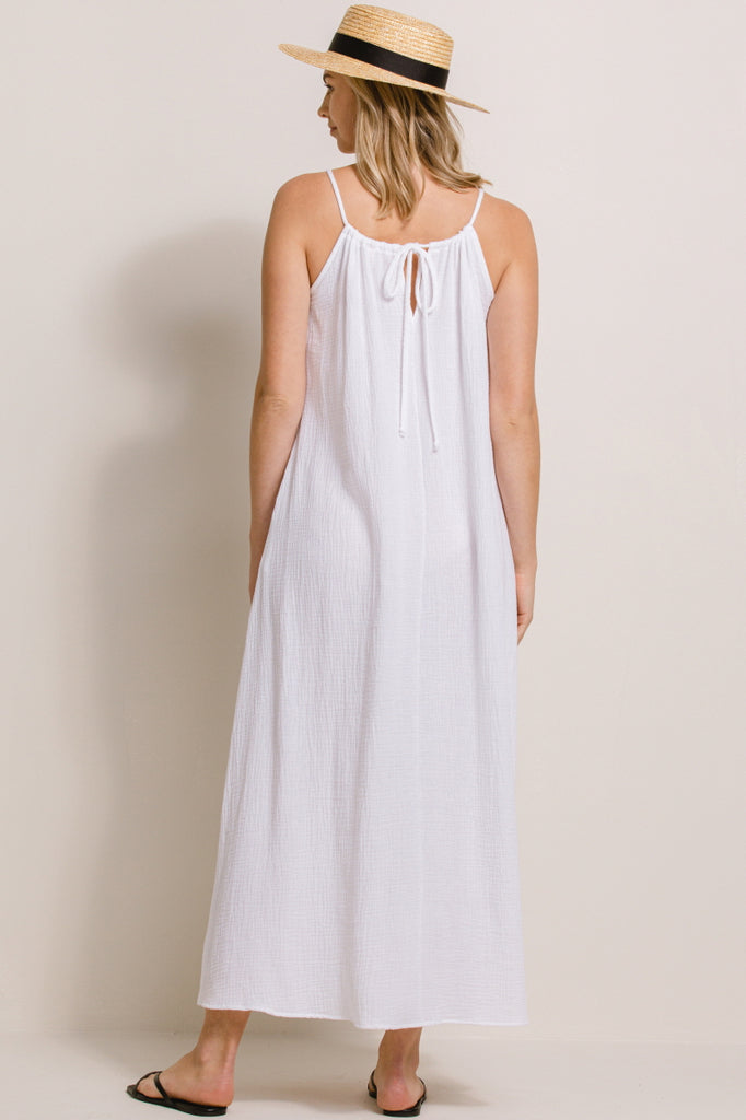 White Tunnel Strap Pocket Maternity Maxi Dress