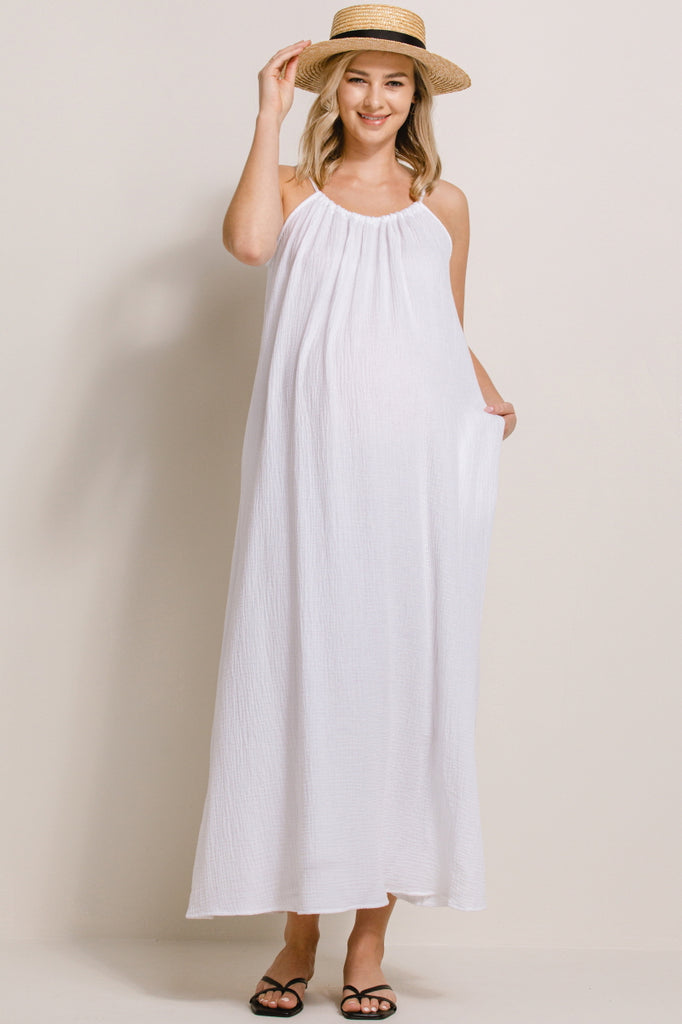 White Tunnel Strap Pocket Maternity Maxi Dress