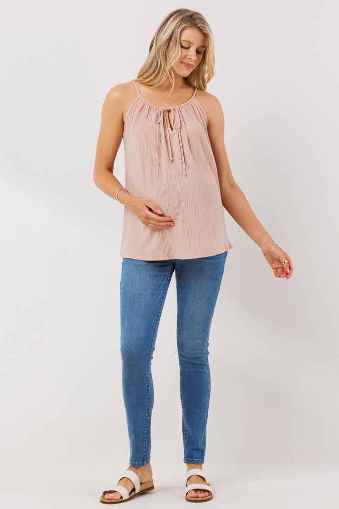Peach Spaghetti Strap Tunneled Maternity Tank Top