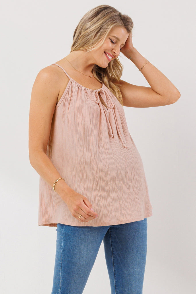 Peach Spaghetti Strap Tunneled Maternity Tank Top