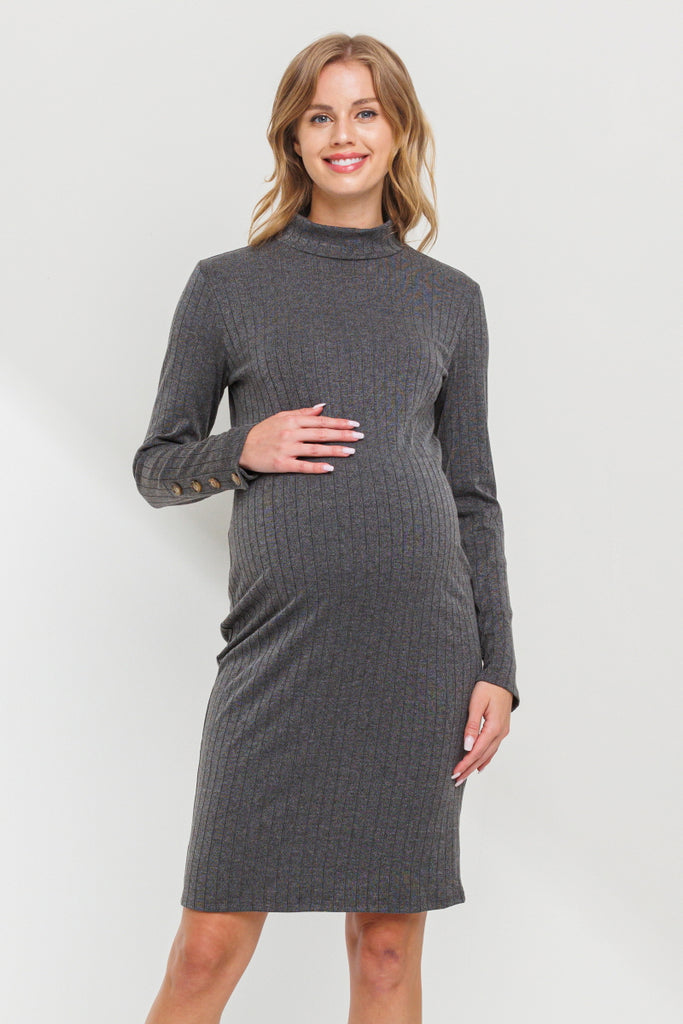 Charcoal Ribbed Mock Neck Button Sleeve Maternity Dress