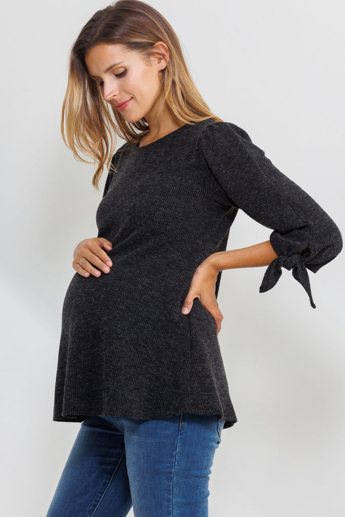 Black Knit 3/4 Tie-Sleeve Maternity Top