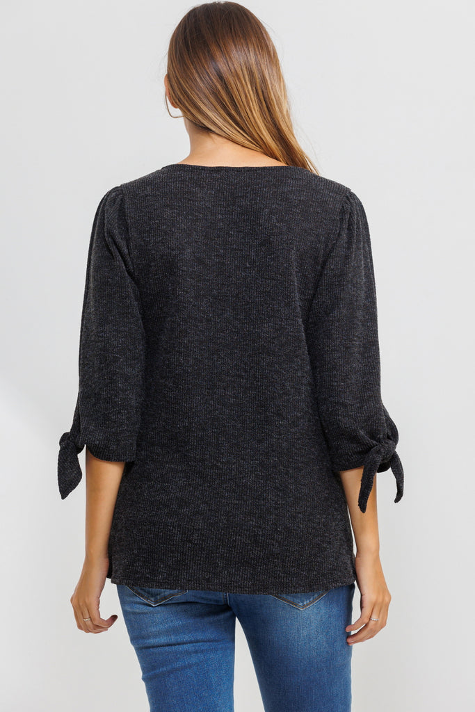 Black Knit 3/4 Tie-Sleeve Maternity Top