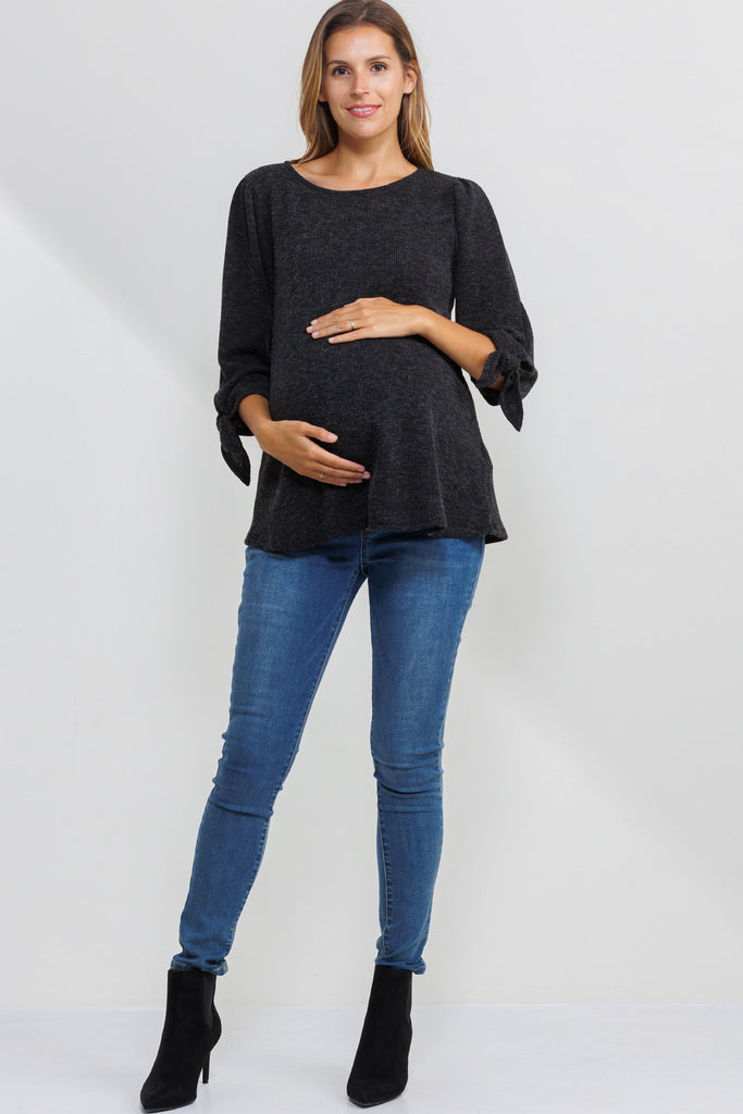 Black Knit 3/4 Tie-Sleeve Maternity Top