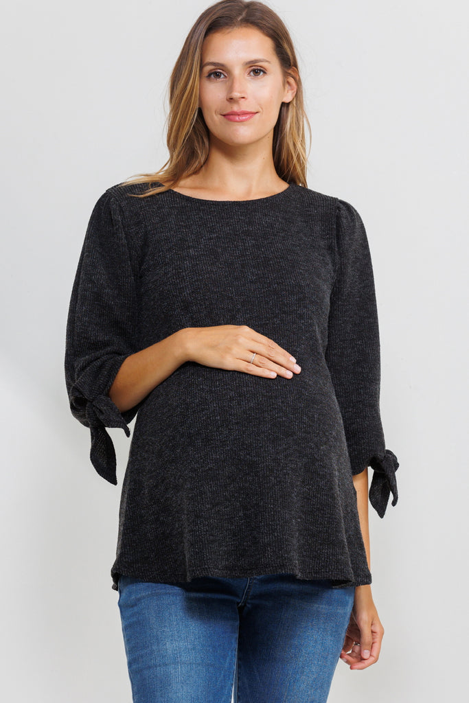 Black Knit 3/4 Tie-Sleeve Maternity Top