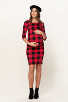 Red/Black Plaid 3/4 Sleeve Round Neck Ruched Maternity Dress