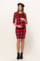 Red/Black Plaid 3/4 Sleeve Round Neck Ruched Maternity Dress