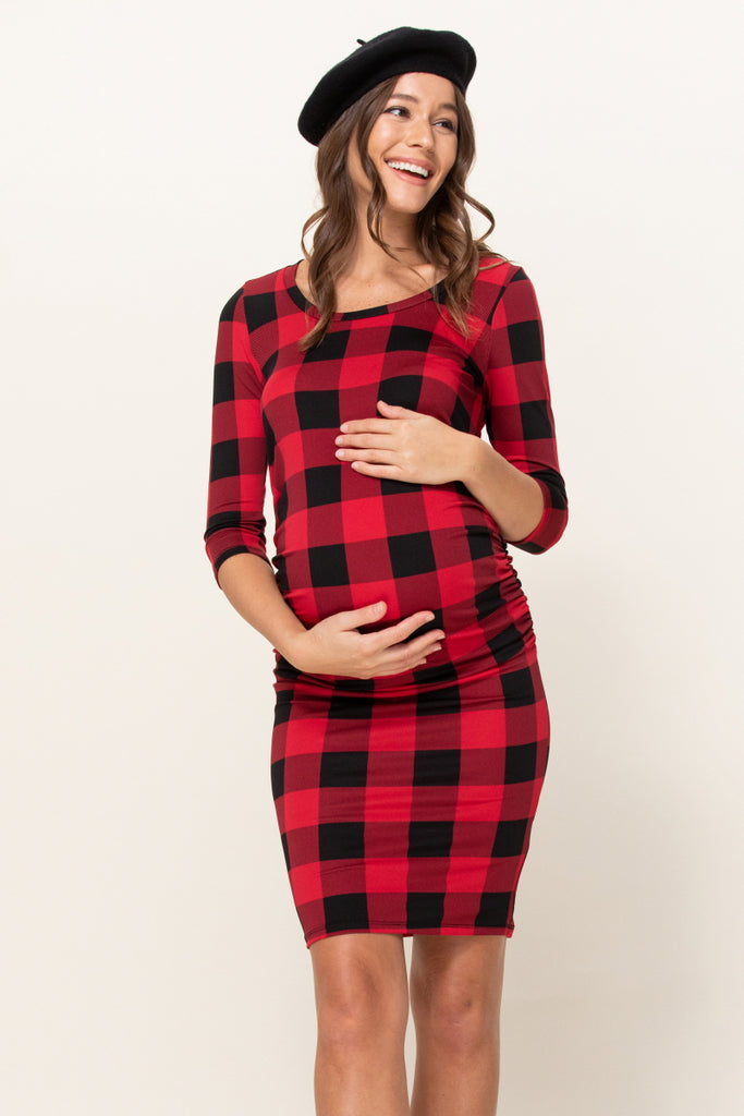 Red/Black Plaid 3/4 Sleeve Round Neck Ruched Maternity Dress