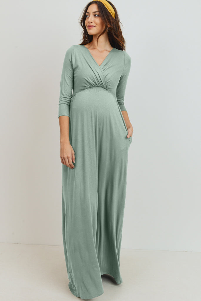 Sage 3/4 Sleeve Surplice Maternity/Nursing Maxi Dress 