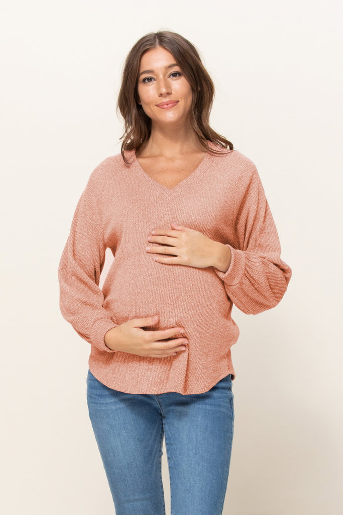 Dusty Pink Mir Rib V-Neck Boyfriend Maternity Shirts