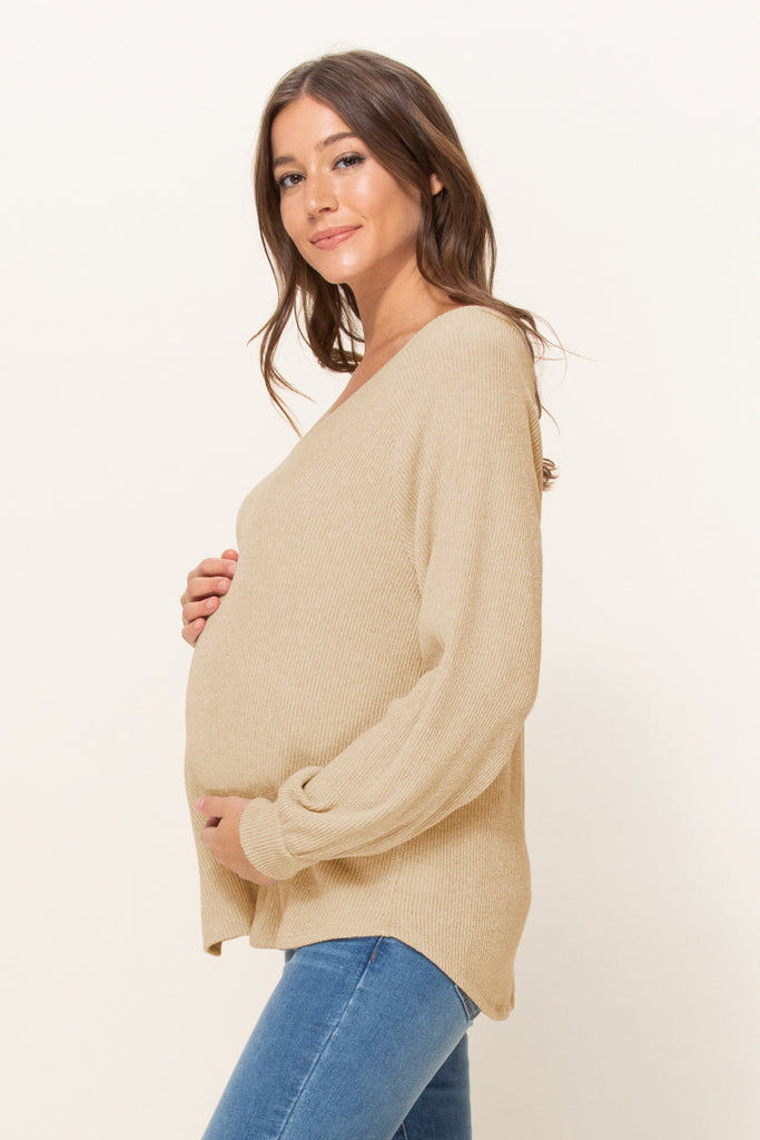 Beige Mir Rib V-Neck Boyfriend Maternity Shirts