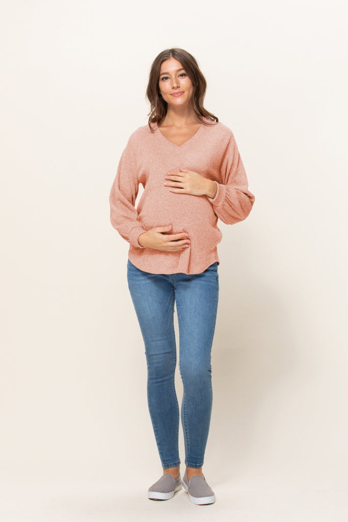 Dusty Pink Mir Rib V-Neck Boyfriend Maternity Shirts