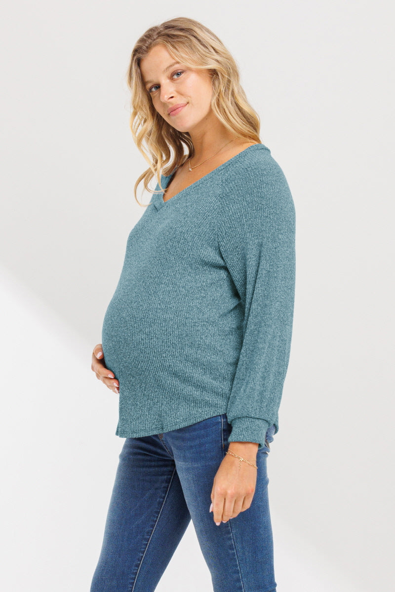 Teal Mir Rib V-Neck Boyfriend Maternity Shirts
