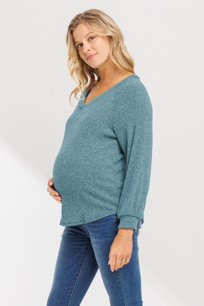 Teal Mir Rib V-Neck Boyfriend Maternity Shirts