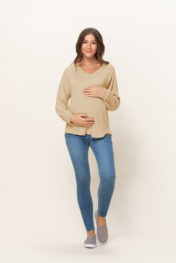 Beige Mir Rib V-Neck Boyfriend Maternity Shirts