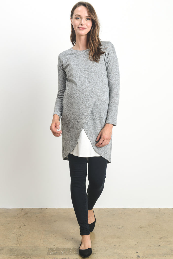 Heather Grey/Ivory Long Sleeve Maternity & Nursing Sweater Tunic