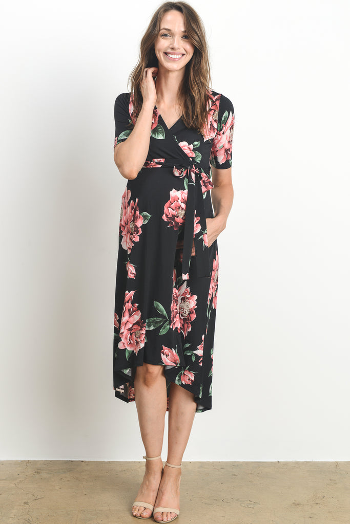 Black Floral High Low Faux Wrap Maternity & Nursing Dress