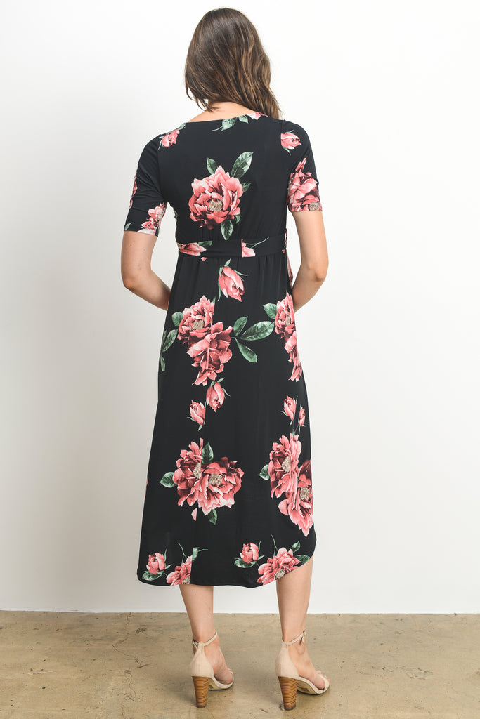 Black Floral High Low Faux Wrap Maternity & Nursing Dress