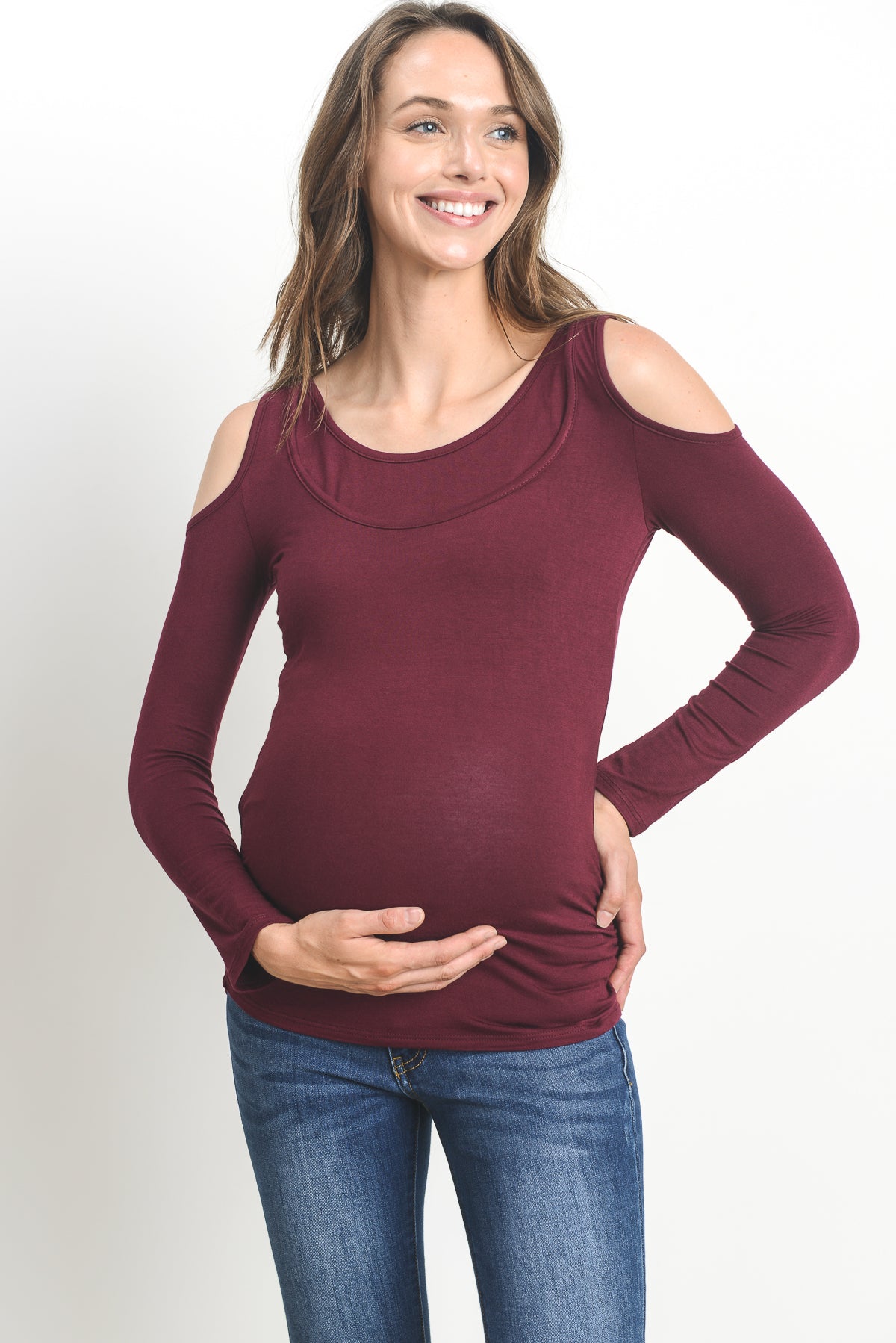 Burgundy Solid Open Cold Shoulder Maternity/Nursing Top