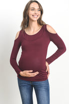 Burgundy Solid Open Cold Shoulder Maternity/Nursing Top