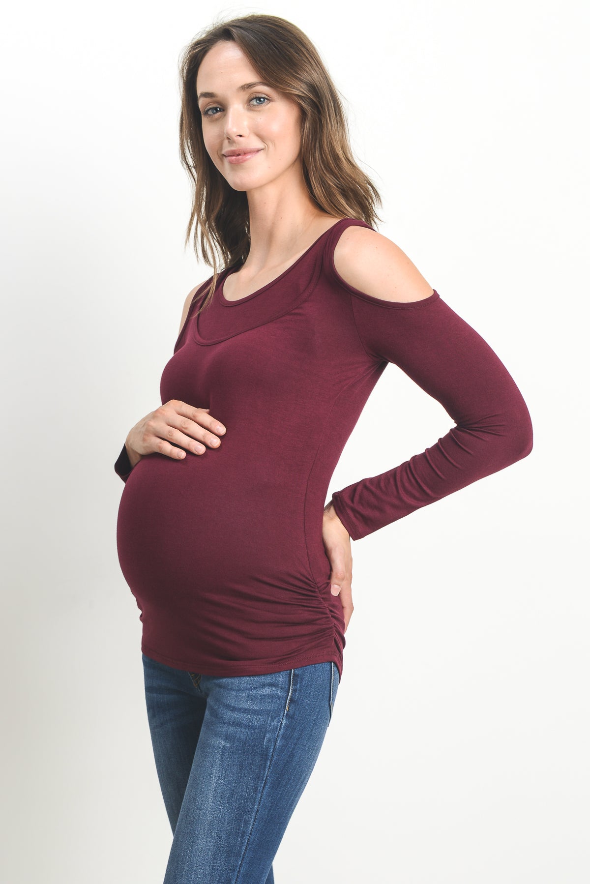 Burgundy Solid Open Cold Shoulder Maternity/Nursing Top