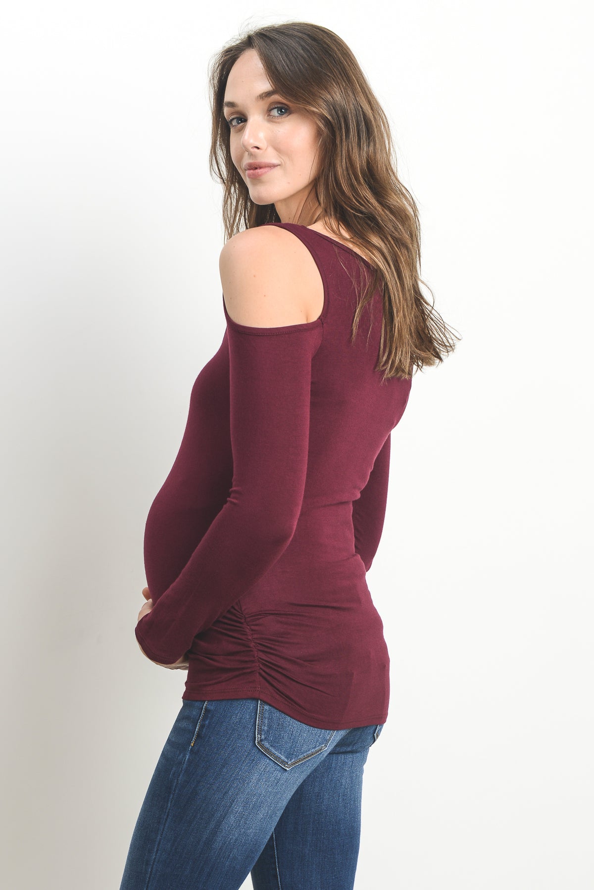 Burgundy Solid Open Cold Shoulder Maternity/Nursing Top