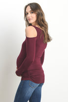Burgundy Solid Open Cold Shoulder Maternity/Nursing Top