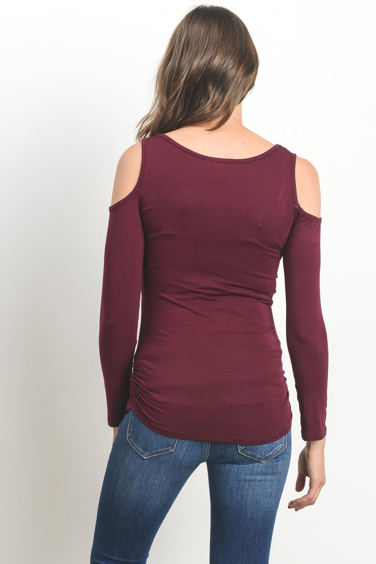 Burgundy Solid Open Cold Shoulder Maternity/Nursing Top