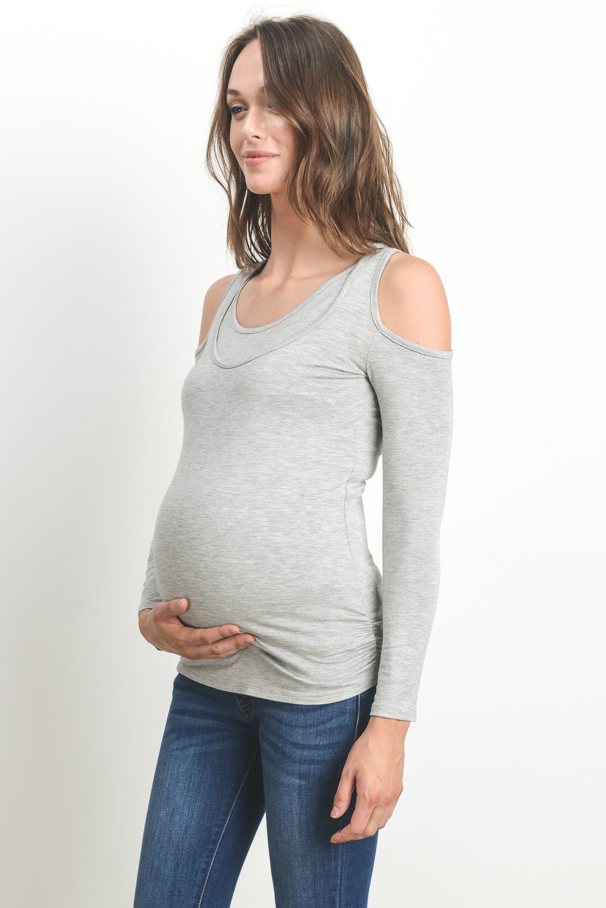 Heather Grey Solid Open Cold Shoulder Maternity/Nursing Top