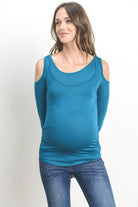 Teal Solid Open Cold Shoulder Maternity/Nursing Top