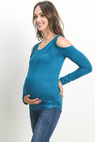 Teal Solid Open Cold Shoulder Maternity/Nursing Top