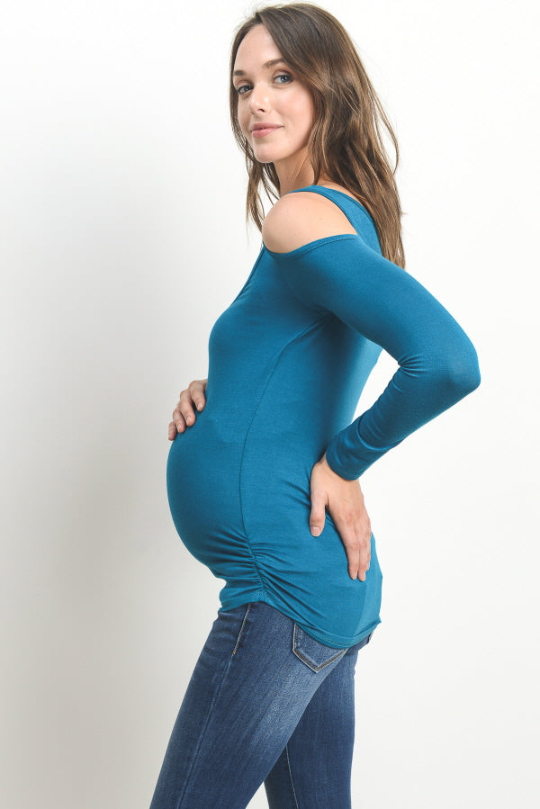 Teal Solid Open Cold Shoulder Maternity/Nursing Top