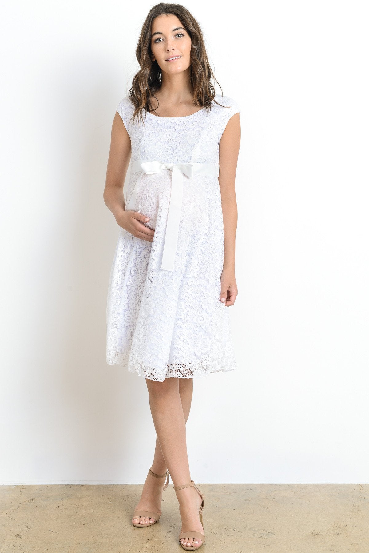 White Libby Lace Cap Sleeve Maternity Dress